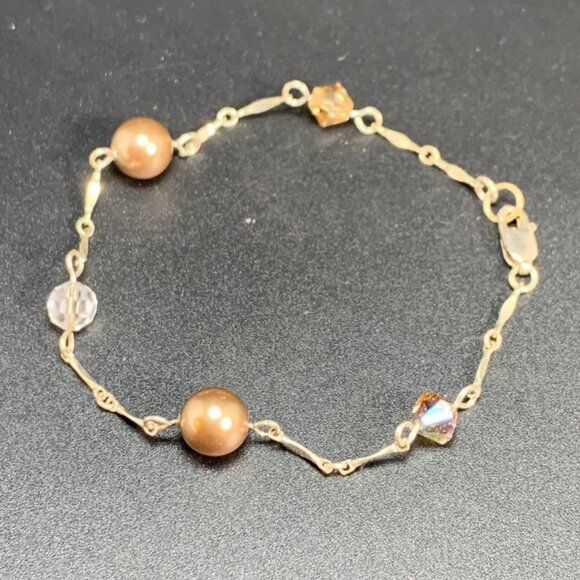 VTG Sterling Silver Champagne Faux Pearl Swarovski Crystal Station Bracelet 7.5" - Picture 4 of 11